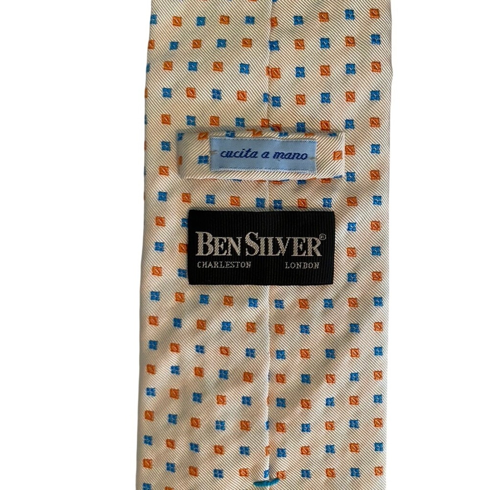 Ben Silver Charleston London Silk Tie Orange Blue Geometric Square Pattern Mens